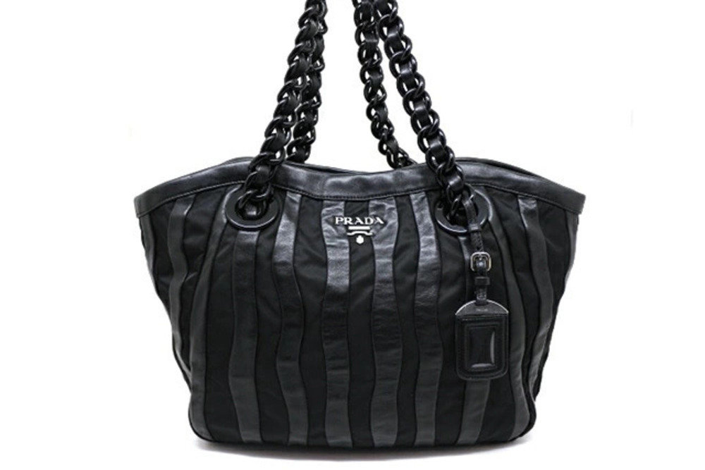 Prada Bag Shoulder Tote Chain Leather Black